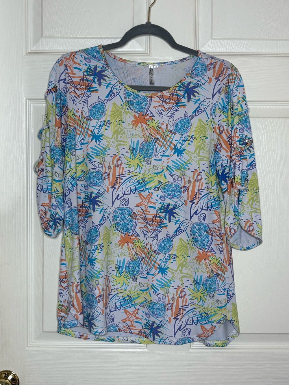 Lulu-B Tropical Print 3/4 Sleeve Tunic in Blue, Orange & Lime